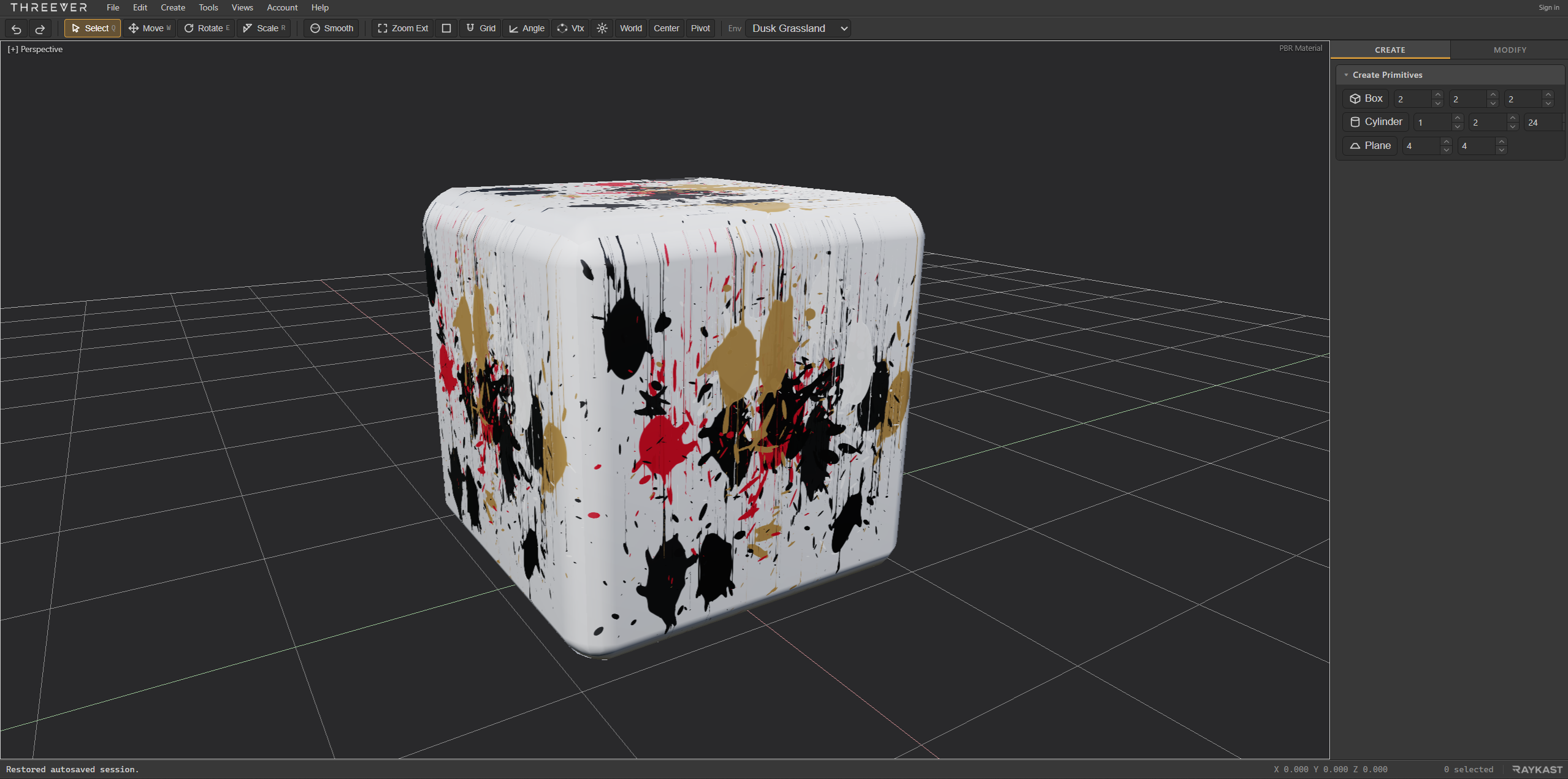 A chamfered cube in THREEVER carrying a paint-splatter base-color map, lit by an image-based studio environment