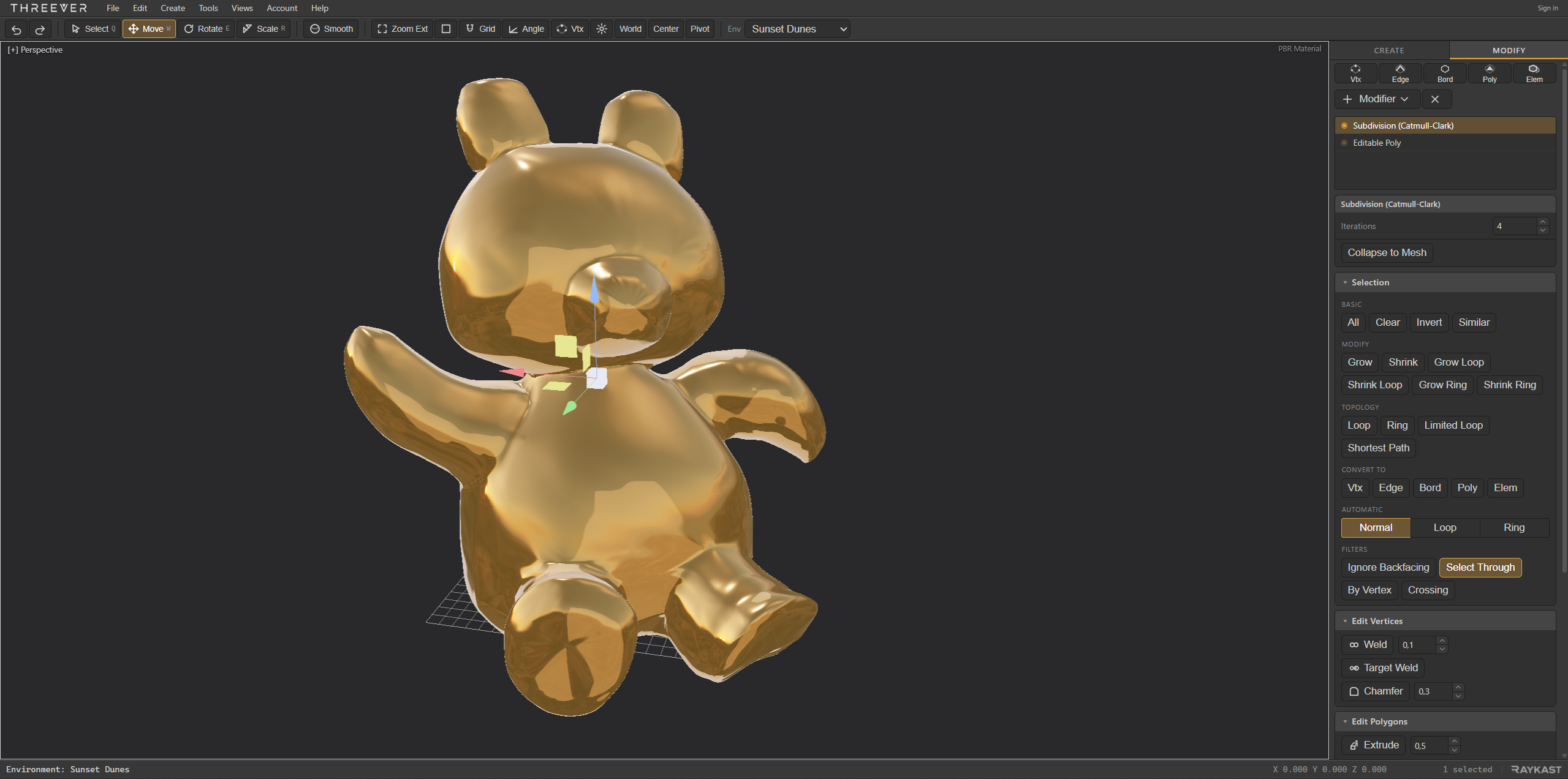 A smooth subdivided model in THREEVER under a Catmull-Clark Subdivision modifier, shaded as polished gold