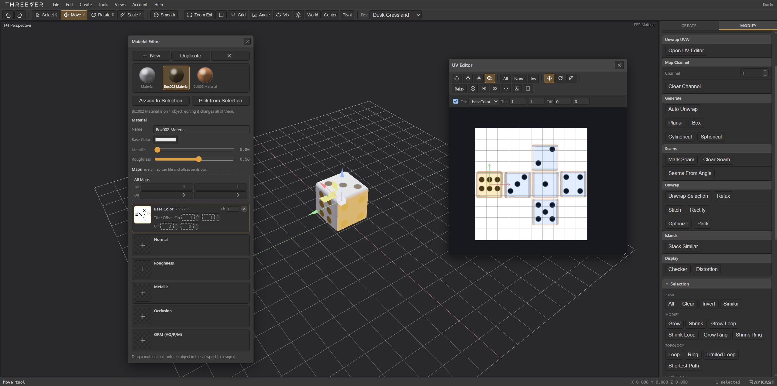 The THREEVER workspace with the Material Editor and the UV editor open beside a textured die, and the Unwrap UVW rollout in the command panel